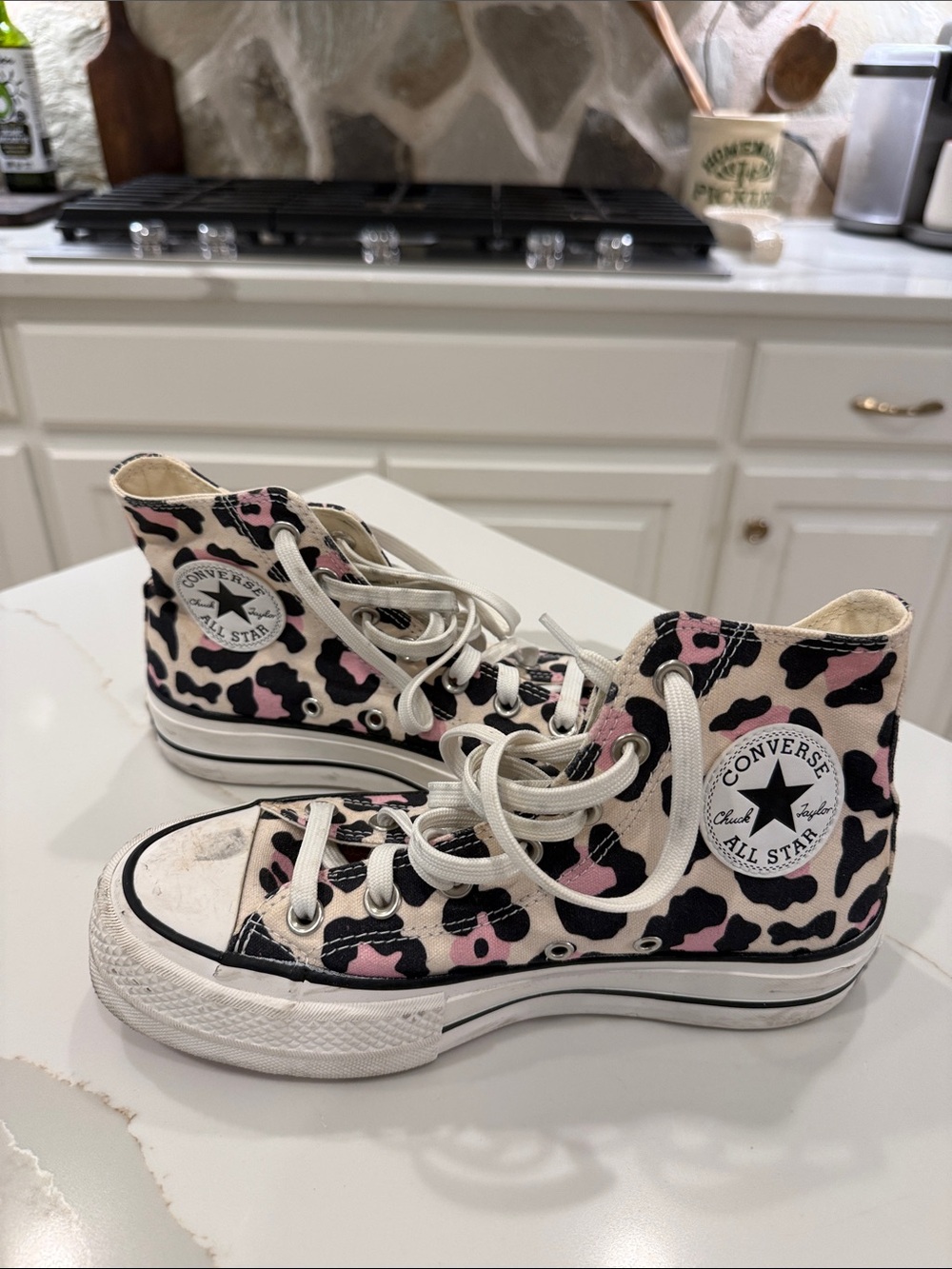 Converse High Top Sneakers - Pink, Black & White Leopard Print
